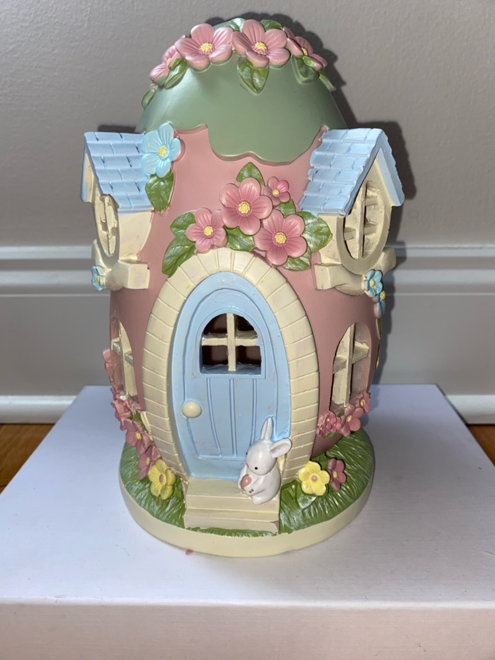 Pastel Floral Easter village Cottage Egg  House - Blue & Pink (Lighted)